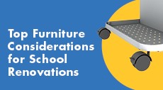 Wheels of a mobile piece of school furniture on a blue and yellow background with text reading "Top Furniture Considerations for School Renovations"