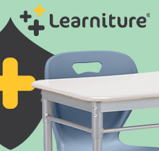 Blue classroom chair paired with a student desk on a Learniture branded background highlighting durable K-12 educational furniture.