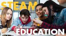 A group of high school aged students working together with the text STEAM EDUCATION