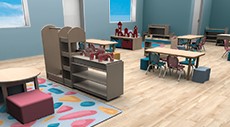 A rendering of a bright, preschool classroom with a rug and wooden furniture.