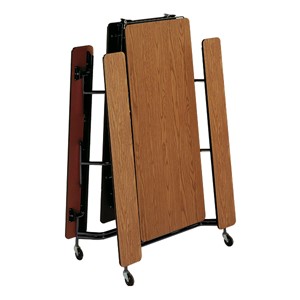Mobile Bench Cafeteria Table - Black Powder Coat Frame w/ Black Edge Band - Shown w/ Bannister Oak laminate - Shown folded