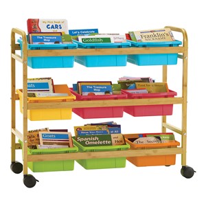 Bamboo Book Browser Cart w/ Nine Tubs - Vibrant Tub Color Combo
