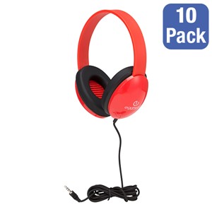 Pack of 10 Heavy-Duty Kids' Headphones w/ Tangle-Free Fabric Cord - Red