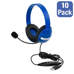 Pack of 10 USB Kids' Headphones w/ Boom Microphone - Blue