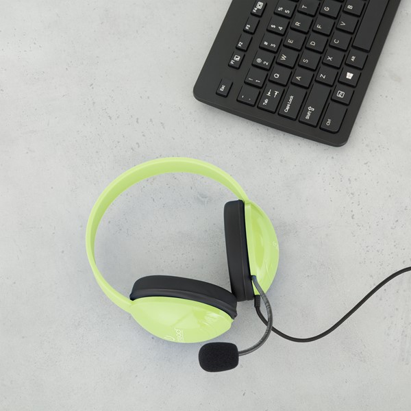 Mobile-Ready Kids Headphone w/ Boom Microphone & Tangle-Free Fabric Cord - Green Apple