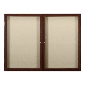 Enclosed Fabric Tack Board w/ Two Doors & Walnut Finish Frame