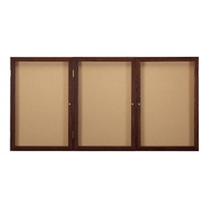 Enclosed Bulletin Board w/ Three Doors & Walnut Finish
