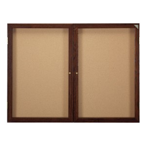 Indoor Enclosed Bulletin Board w/ Two Doors & Walnut Finish