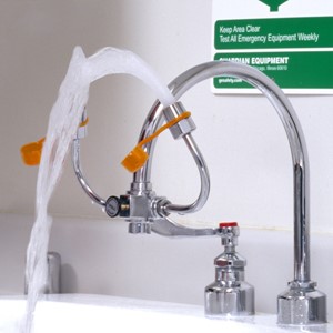 Wide Faucet-Mounted Eye Wash in use