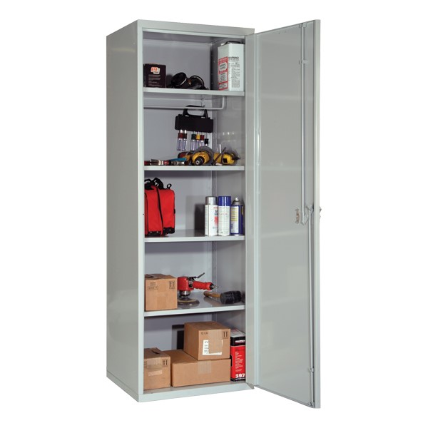 SecurityMax All-Welded One-Wide Single-Tier Locker w/ Solid Door shown in gray w/ additional shelves