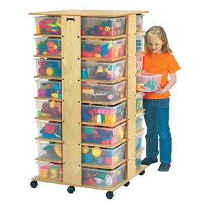 Mobile Cubby Storage Tower - 32 Cubbies w/ Clear Trays