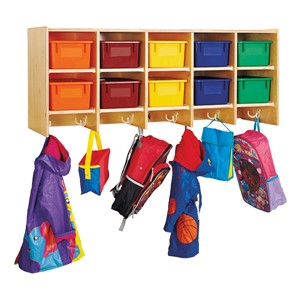 Baltic Birch Large Wall-Mount Coat Rack w/ 10 Colorful Cubby Trays