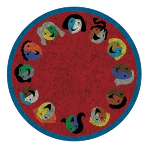 Joyful Faces Rug - Circle Seating Design - Round - Red w/ blue border