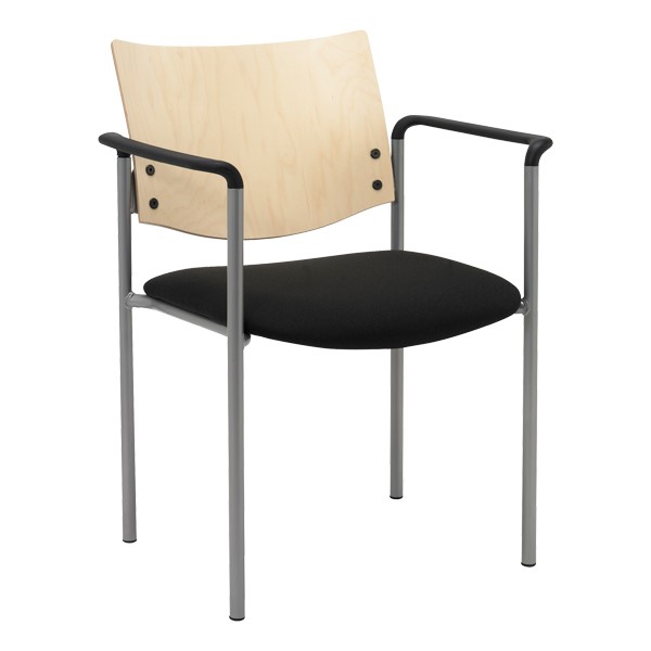 1300 Series Wood Back Stack Chair w/ Arms - Silver frame, black fabric & natural finish