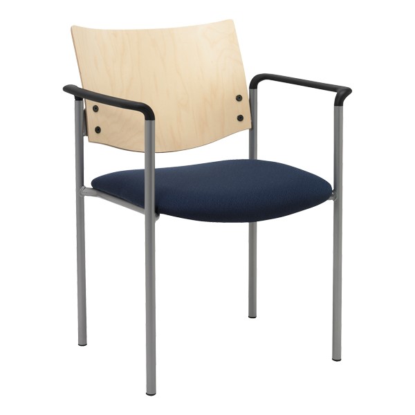 1300 Series Wood Back Stack Chair w/ Arms - Silver frame, navy fabric & natural finish