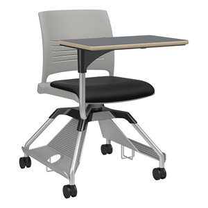 Learn2 Strive Mobile Tablet Arm Chair - Warm Grey Chair, Starlight Silver Metallic Frame, Black Tablet Finish, Black Fabric Color