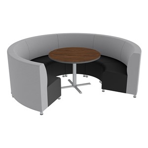 Shapes Series II Banquette Vinyl Soft Seating Set - Six Seating Pieces w/ Café Table - Light Gray/Black Seats w/ Mahogany Table