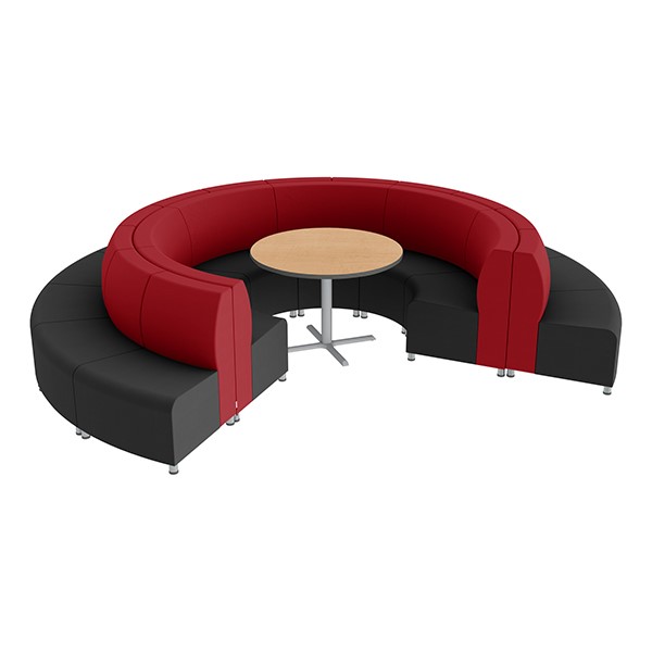 Shapes Series II Banquette Vinyl Soft Seating Set - 18-Piece Inner and Outer Curve Seating w/ CafÃ© Table - Red/Black Seats w/ Maple Table