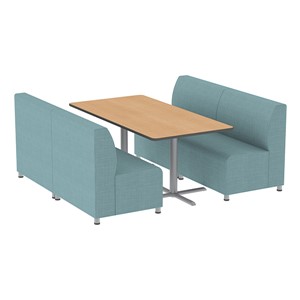 Shapes Series II Banquette Vinyl Soft Seating Set – Four-Piece Rectangle Seating w/ Rectangle Pedestal Café Table - Blue Crosshatch Seats w/ Oak Table