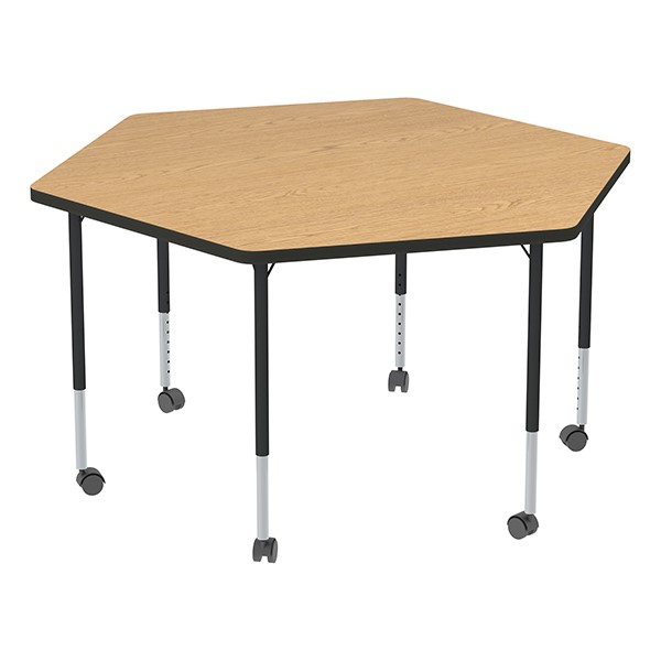 Structure Series Mobile Hex Collaborative Table w/ Thermofused Laminate Top - Oak Top & Black Edge