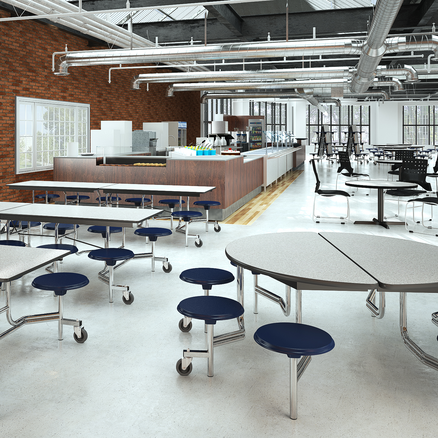 Round Mobile Stool Cafeteria Table - 8 Stools (60" Diameter)
