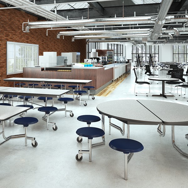 Round Mobile Stool Cafeteria Table w/ Plywood Core & Chrome Frame (60" Diameter)