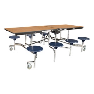 Mobile Stool Cafeteria Table w/ Plywood Core & Chrome Frame - 8 Stools (30" W x 8' L) - Oak
