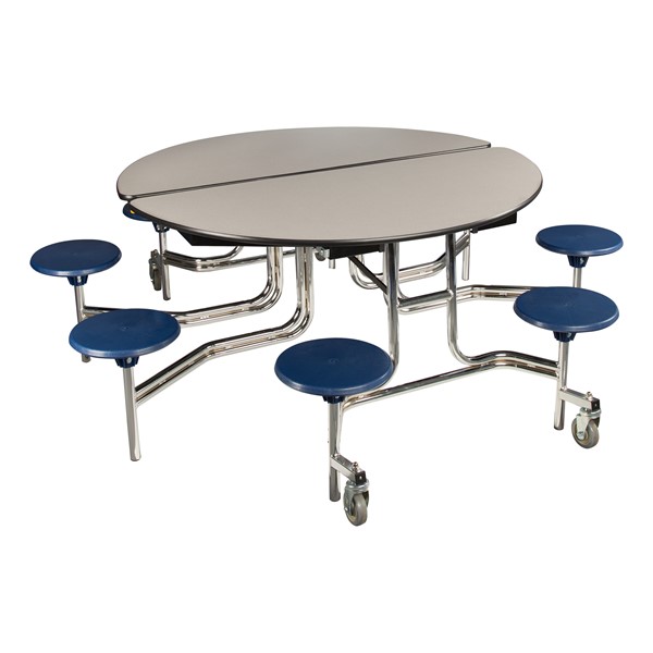Round Mobile Stool Cafeteria Table w/ Plywood Core & Chrome Frame (60" Diameter) - Gray w/ Navy Stool