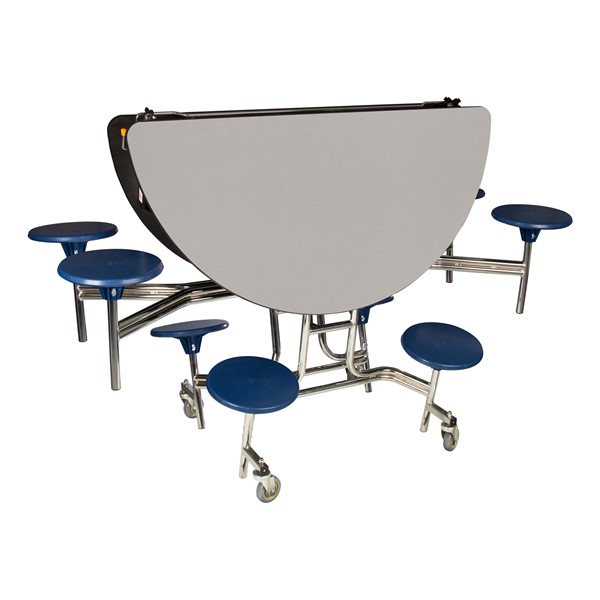 Round Mobile Stool Cafeteria Table w/ Plywood Core & Chrome Frame (60" Diameter) - Gray w/ Navy Stools - Folded