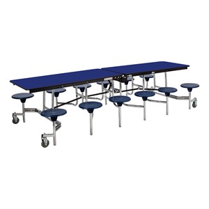 Mobile Stool Cafeteria Table w/ Plywood Core & Chrome Frame - 12 Stools (30" W x 12'L) - Blue