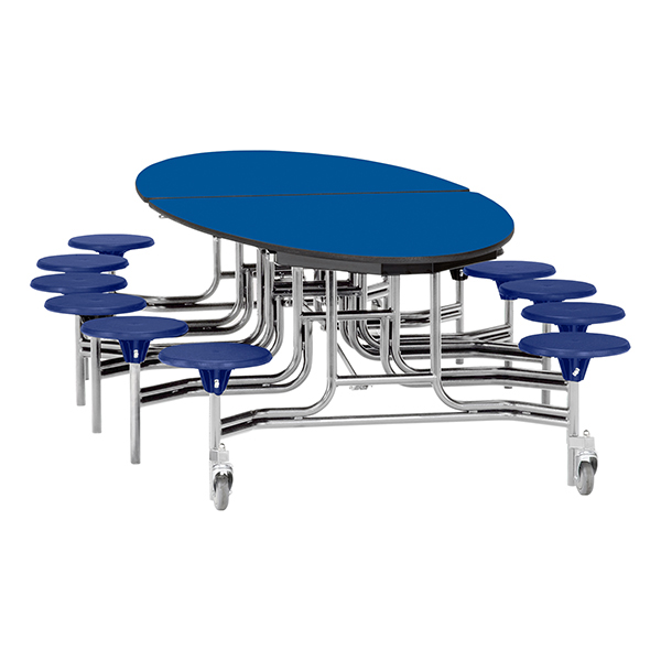 Elliptical Mobile Stool Cafeteria Table - 12 Stools  (72 1/2" W x 10' 1" L) - Blue w/ Blue Stools