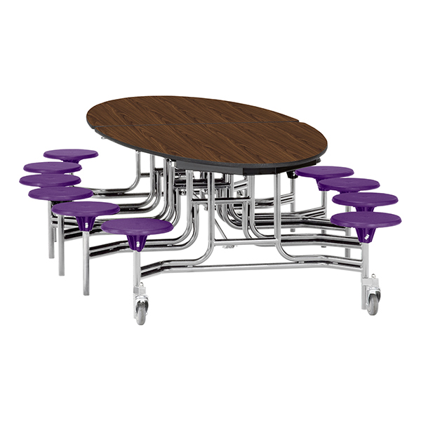 Elliptical Mobile Stool Cafeteria Table - 12 Stools  (72 1/2" W x 10' 1" L) - Walnut w/ Purple Stools