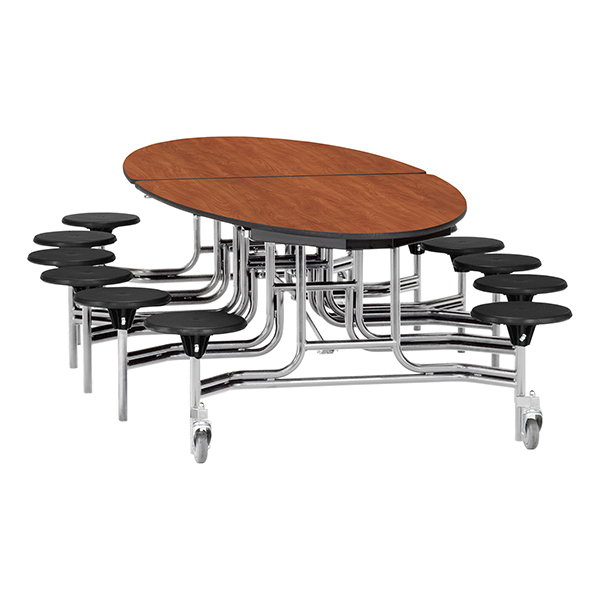 Elliptical Mobile Stool Cafeteria Table - 12 Stools  (72 1/2" W x 10' 1" L) - Cherry w/ Black Stools