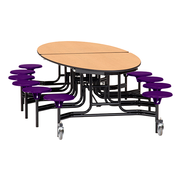 Elliptical Mobile Stool Cafeteria Table - 12 Stools  (72 1/2" W x 10' 1" L) - Maple w/ Purple Stools