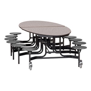 Elliptical Mobile Stool Cafeteria Table w/ MDF Core, Powder Coat Frame & Protect Edge - 12 Stools (73 1/2" W 10' 1" L) - Gray Top w/ Gray Stools