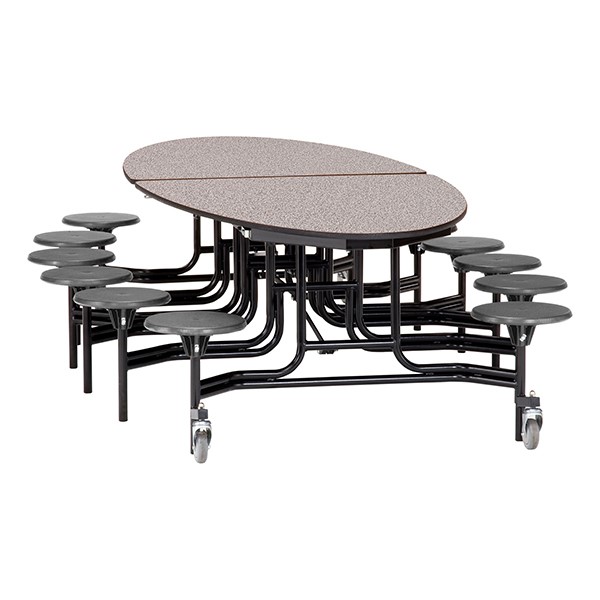 Elliptical Mobile Stool Cafeteria Table w/ MDF Core, Powder Coat Frame & Protect Edge - 12 Stools (73 1/2" W 10' 1" L) - Gray Top w/ Gray Stools