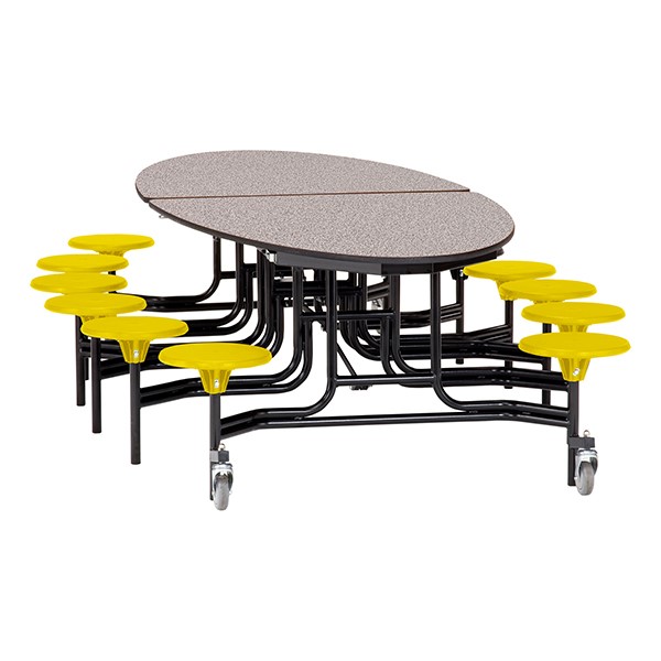 Elliptical Mobile Stool Cafeteria Table w/ MDF Core, Powder Coat Frame & Protect Edge - 12 Stools (73 1/2" W 10' 1" L) - Gray Top w/ Yellow Stools