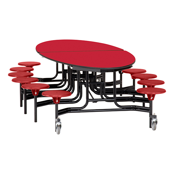 Elliptical Mobile Stool Cafeteria Table - 12 Stools  (72 1/2" W x 10' 1" L) - Red w/ Red Stools