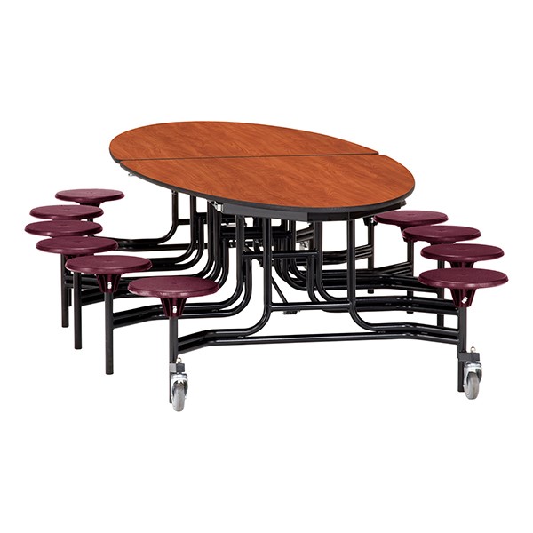 Elliptical Mobile Stool Cafeteria Table w/ MDF Core, Powder Coat Frame & Protect Edge - 12 Stools (73 1/2" W 10' 1" L) - Cherry Top w/ Burgundy Stools