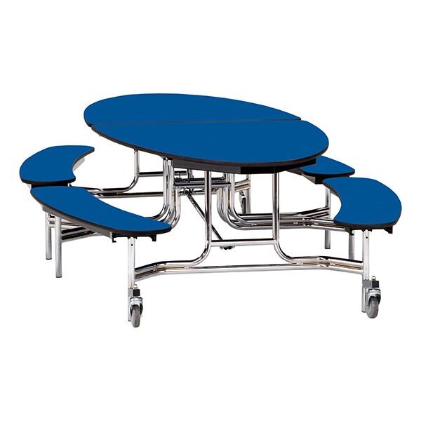 Elliptical Mobile Bench Cafeteria Table w/ Particleboard Core, Chrome Frame & Vinyl T-Mold Edge (72" W 10' 1" L) - Blue
