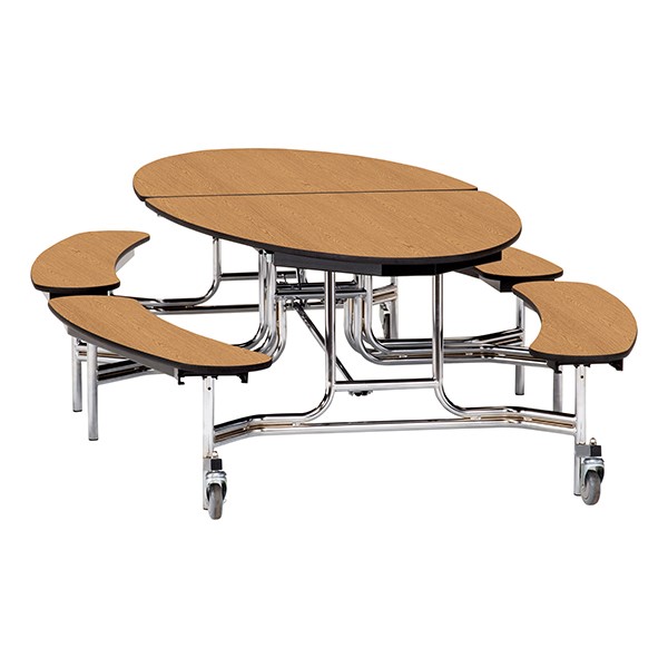 Elliptical Mobile Bench Cafeteria Table w/ Particleboard Core, Chrome Frame & Vinyl T-Mold Edge (72" W 10' 1" L) - Oak