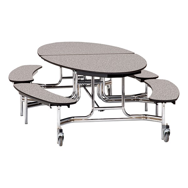 Elliptical Mobile Bench Cafeteria Table w/ Particleboard Core, Chrome Frame & Vinyl T-Mold Edge (72" W 10' 1" L) - Gray