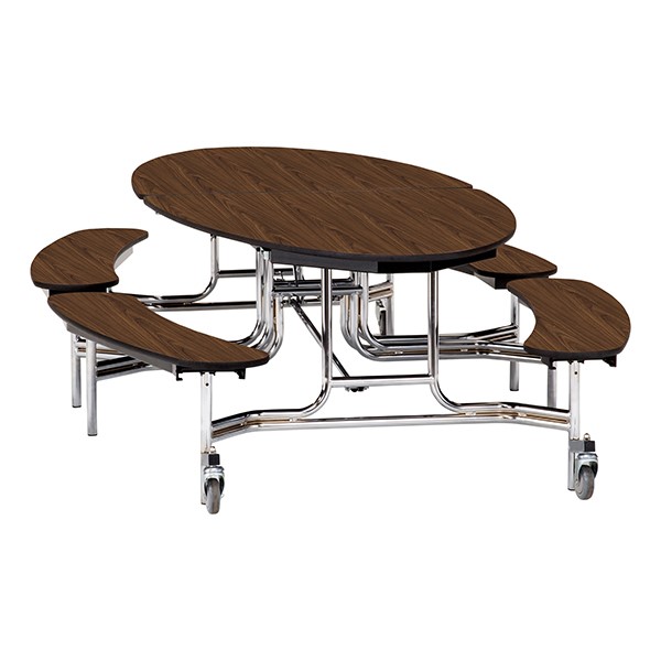 Elliptical Mobile Bench Cafeteria Table w/ Particleboard Core, Chrome Frame & Vinyl T-Mold Edge (72" W 10' 1" L) - Walnut