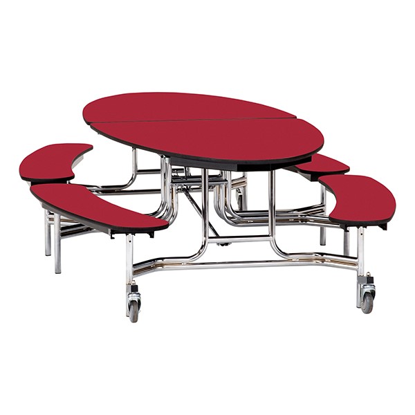 Elliptical Mobile Bench Cafeteria Table w/ Particleboard Core, Chrome Frame & Vinyl T-Mold Edge (72" W 10' 1" L) - Red