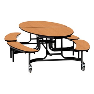 Elliptical Mobile Bench Cafeteria Table w/ Particleboard Core, Powder Coat Frame & Vinyl T-Mold Edge (72" W 10' 1" L) - Oak
