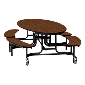 Elliptical Mobile Bench Cafeteria Table w/ Particleboard Core, Powder Coat Frame & Vinyl T-Mold Edge (72" W 10' 1" L) - Walnut