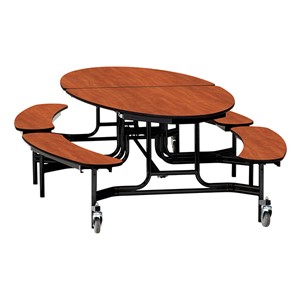 Elliptical Mobile Bench Cafeteria Table w/ Particleboard Core, Powder Coat Frame & Vinyl T-Mold Edge (72" W 10' 1" L) - Cherry