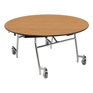 Easy-Fold Mobile Round Nesting Cafeteria Table w/ MDF Core, Chrome Frame & Protect Edge (60" Diameter) - Oak