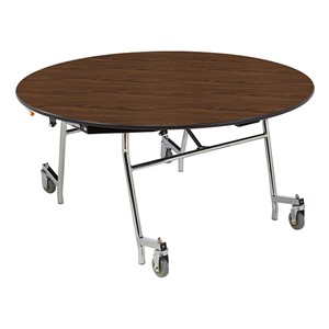 Easy-Fold Mobile Round Nesting Cafeteria Table w/ MDF Core, Chrome Frame & Protect Edge (60" Diameter) - Walnut
