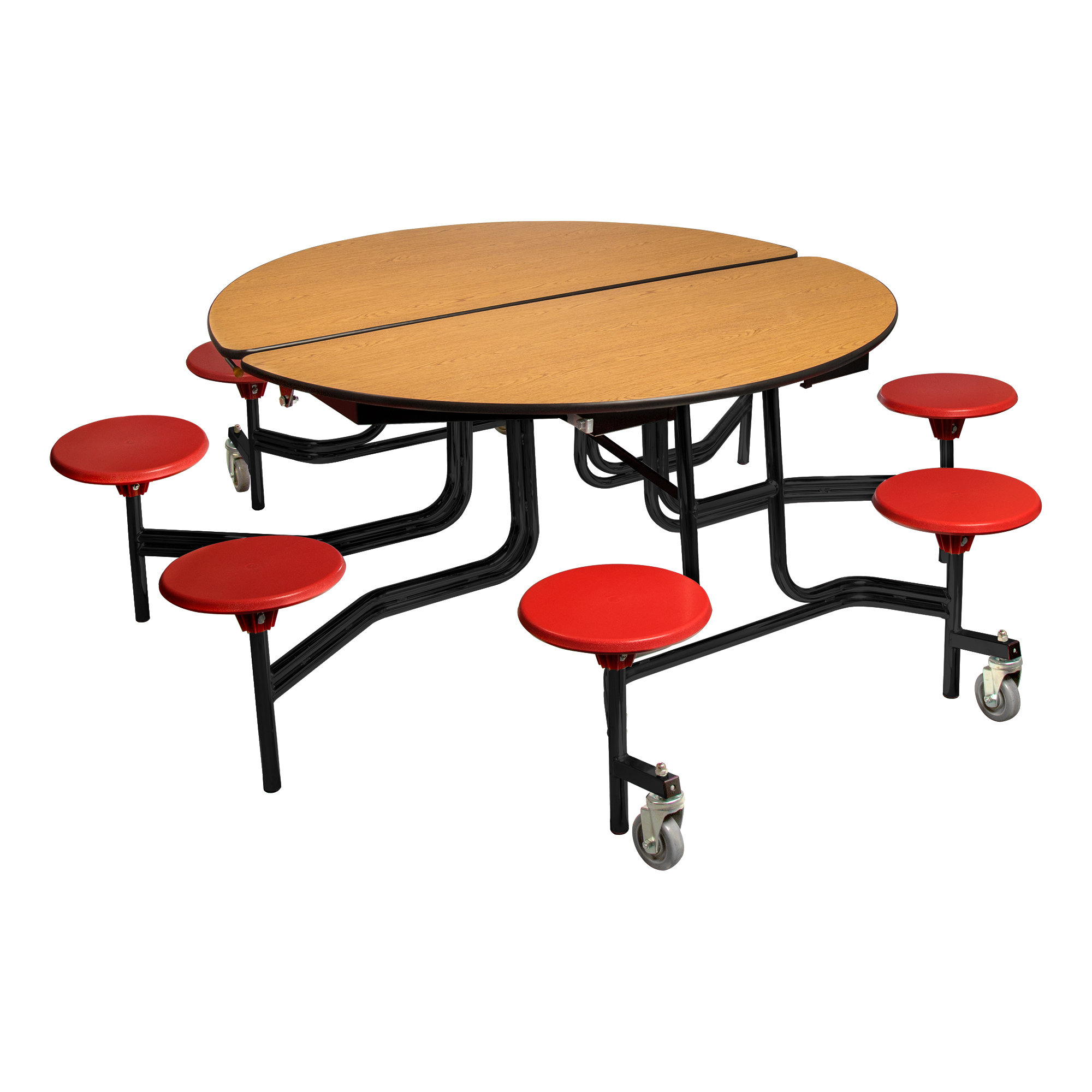 Round Mobile Stool Cafeteria Table - 8 Stools (60" Diameter) - Oak w/ Red Stools